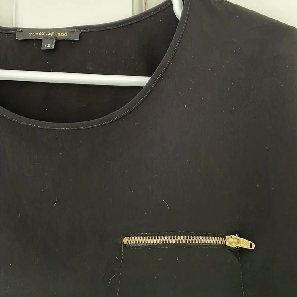 RIVER ISLAND shirt size 12 black top shortsleeve mesh detail gold zip blouse - Picture 3 of 5